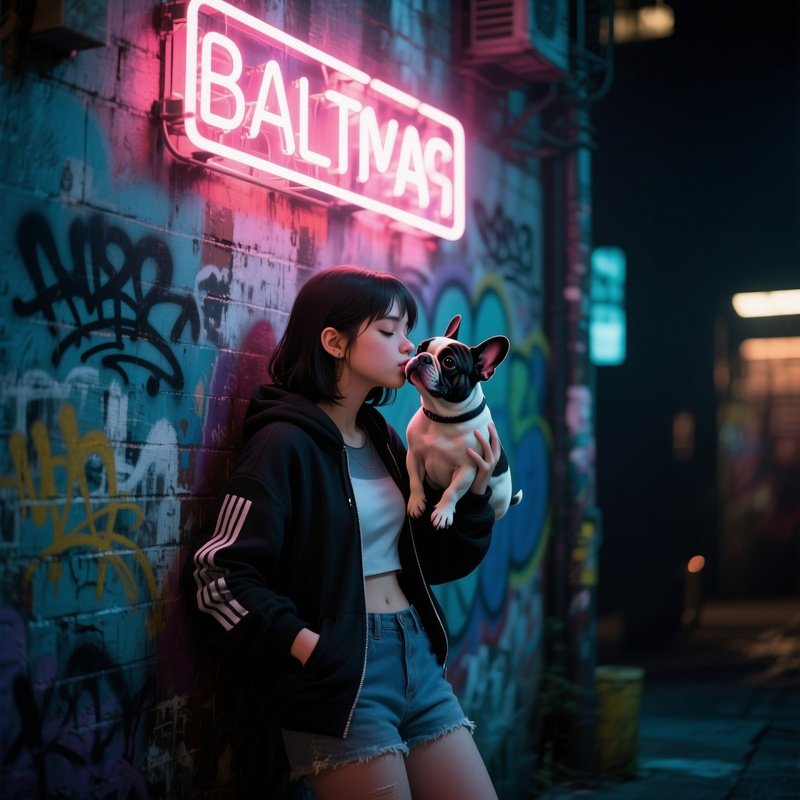 A Black Teenage Girl In Streetwear Leaning Against A Graffiti‑Covered Wall At Night, Giving Her