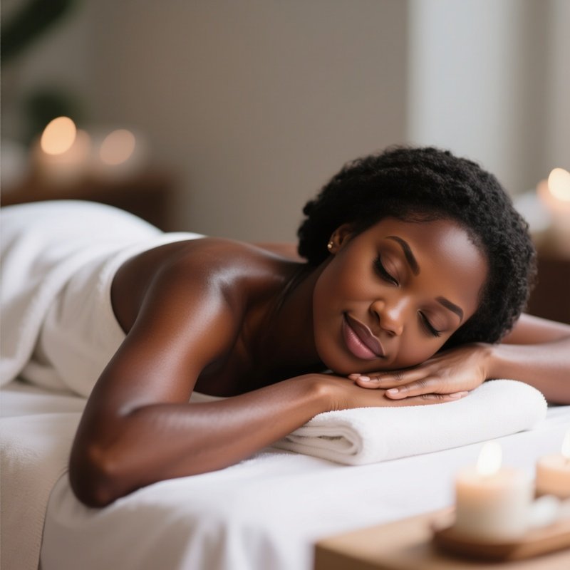 A Black Woman Enjoying A Spa Treatment With A Relaxed Expression.