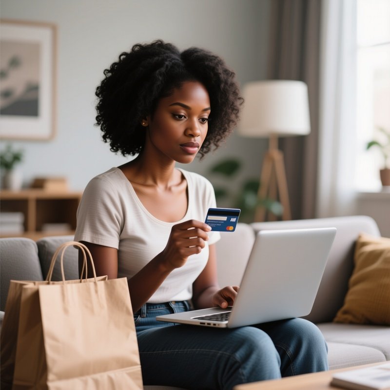 A Black Woman Holding A Credit Card And Shopping Online At Home.