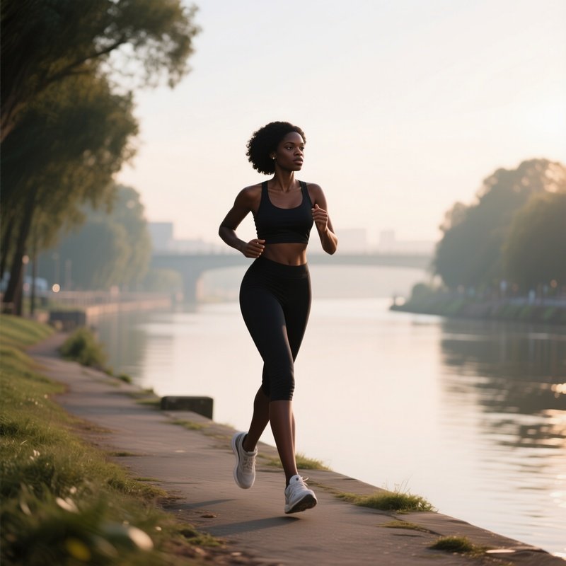 A Black Woman Jogging Alone Along A River In The Morning Light.