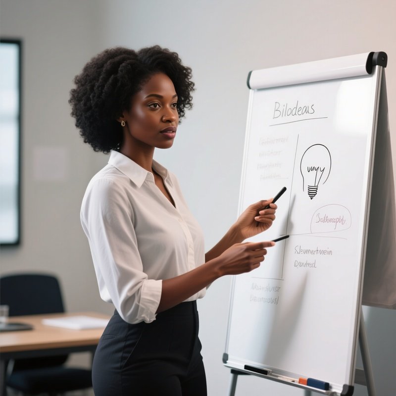 A Black Woman Presenting Ideas On A Whiteboard.