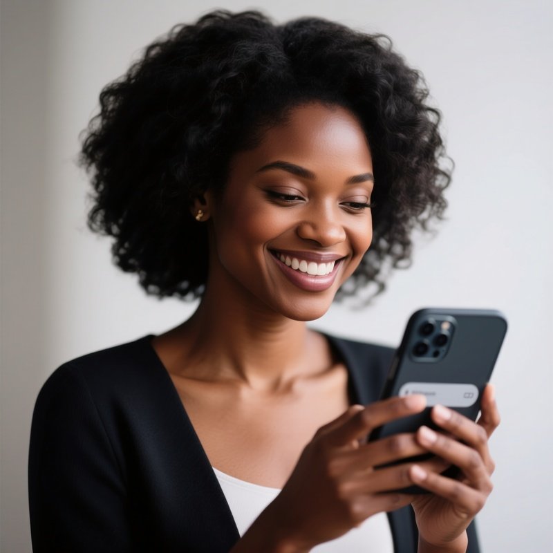 A Black Woman Smiling While Checking Notifications On Her Phone.