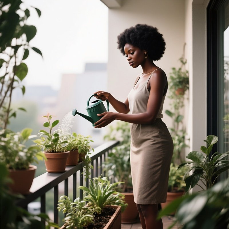 A Black Woman Watering Plants On A Balcony Garden.