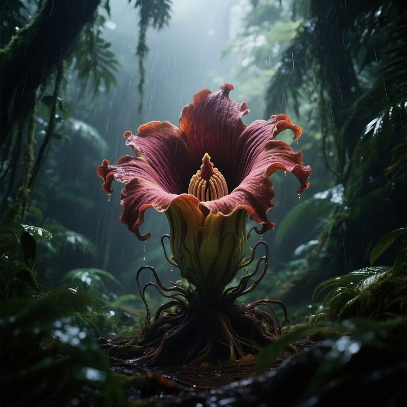 A Blooming Corpse Flower Rising From Rainforest Shadows.