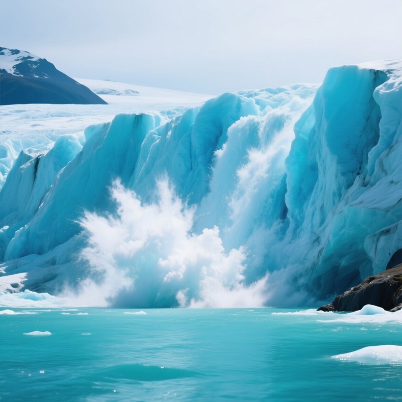 A Blue Glacier Calving Into Turquoise Water With Explosive Spray.