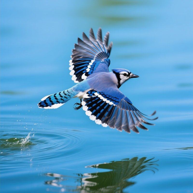 A Blue Jay In Flight Over A Body Of Water