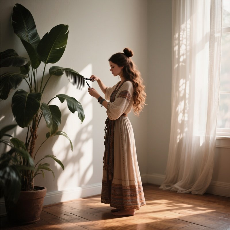 A Bohemian Woman With Long Wavy Hair Tied In A Loose Bun Gets A Fringe Trimmed Beside A Large