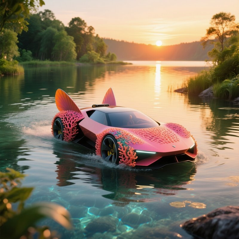 A Bold, Amphibious Concept Car With Retractable Fins And A Vibrant Coral Color Scheme Is Driving