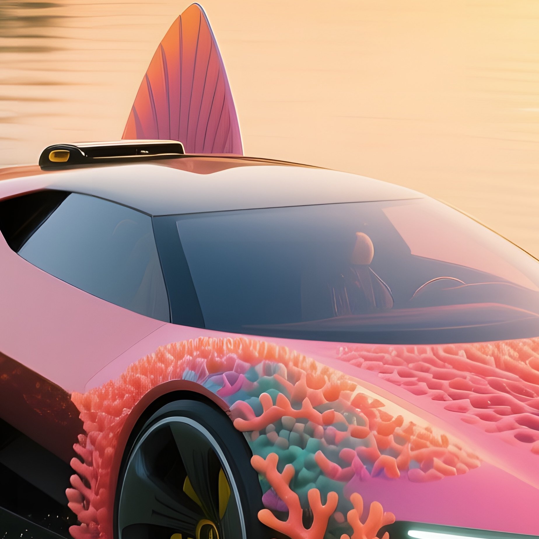A Bold, Amphibious Concept Car With Retractable Fins And A Vibrant Coral Color Scheme Is Driving - Full Resolution Quality Preview