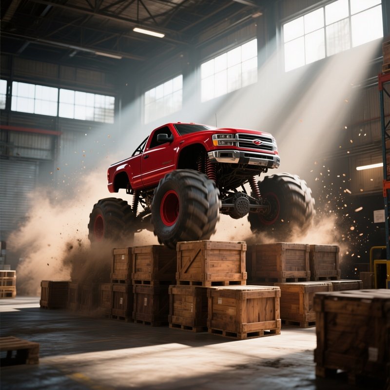 A Bold Crimson Monster Truck Barrels Over A Series Of Massive Wooden Crates In A Warehouse Lit By
