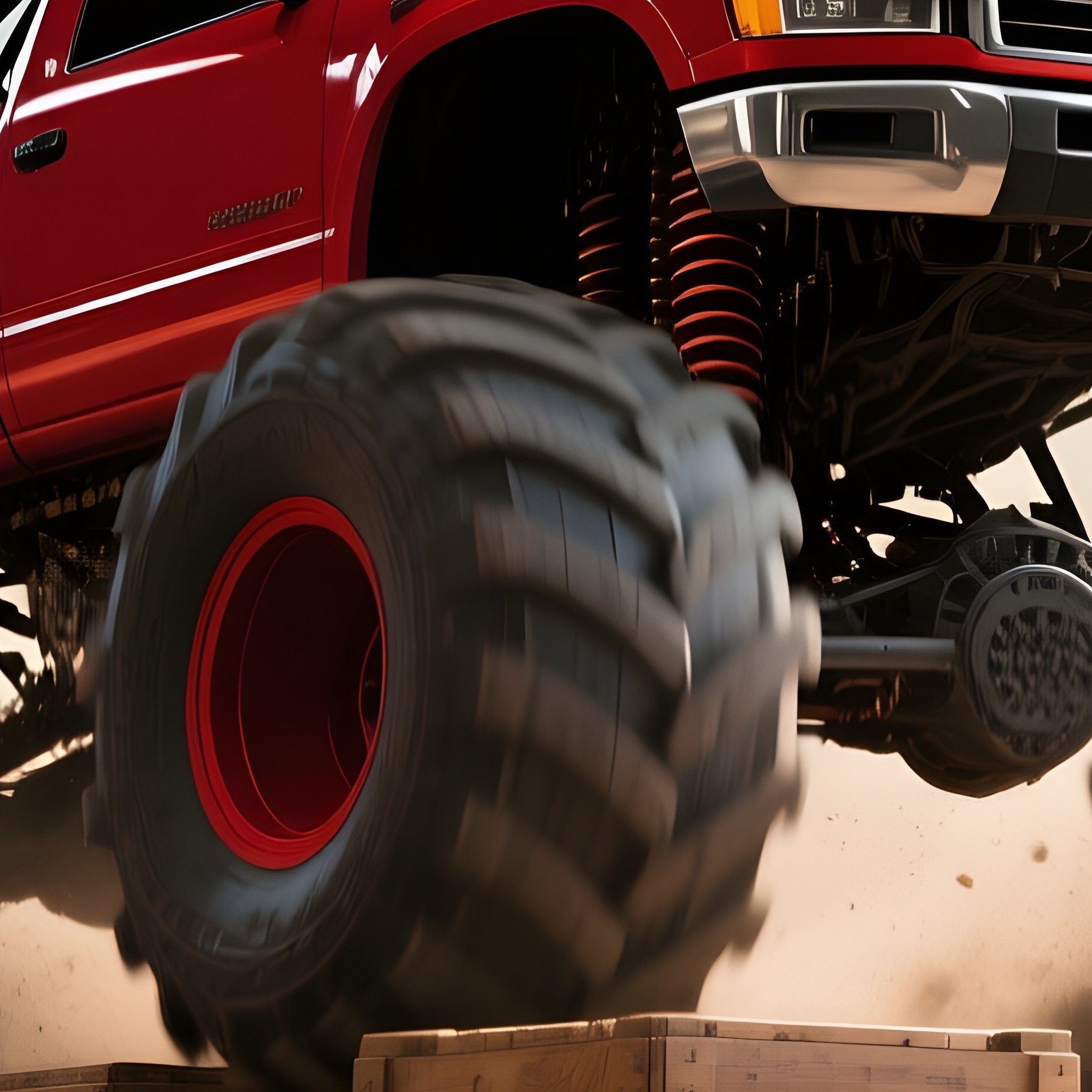A Bold Crimson Monster Truck Barrels Over A Series Of Massive Wooden Crates In A Warehouse Lit By - Full Resolution Quality Preview