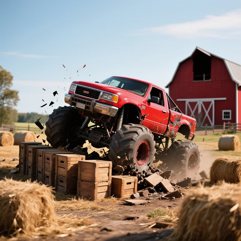 A Bold Red Monster Truck Crushes A Line Of Stacked Wooden Crates On A Rustic Farmyard, With Hay