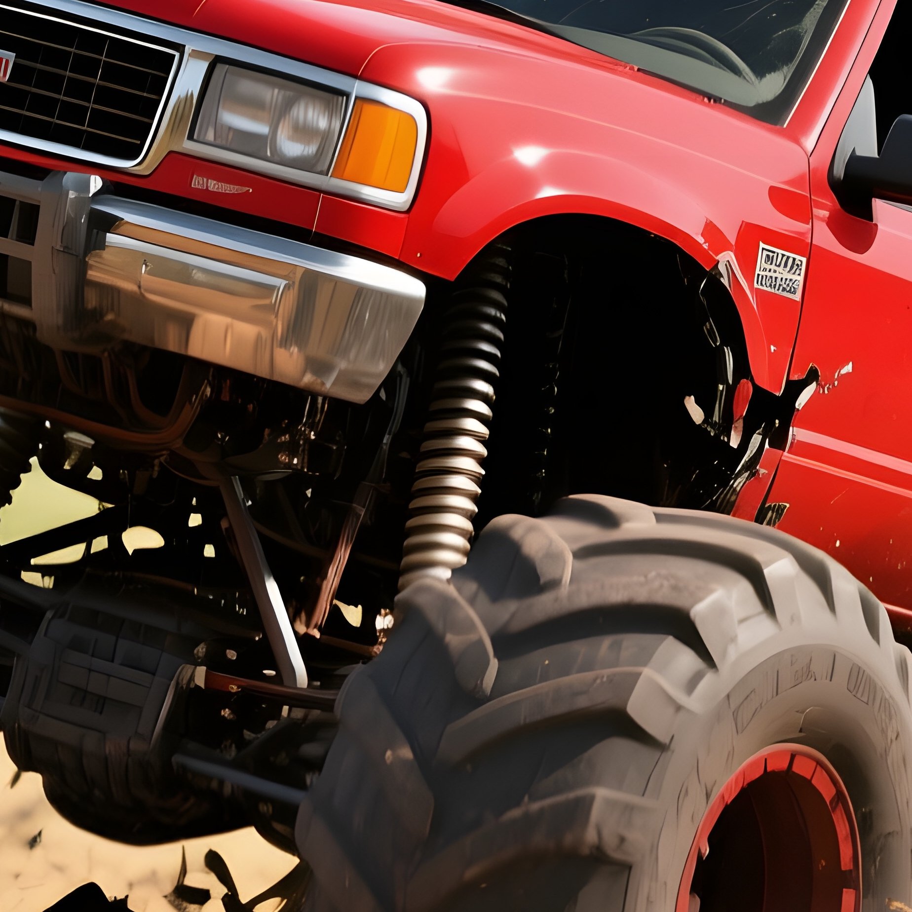 A Bold Red Monster Truck Crushes A Line Of Stacked Wooden Crates On A Rustic Farmyard, With Hay - Full Resolution Quality Preview