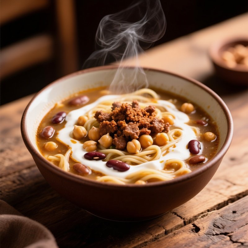 A Bowl Of Aush Thick Noodle Soup With Beans Chickpeas Yogurt Swirl Garnished With Ground Meat