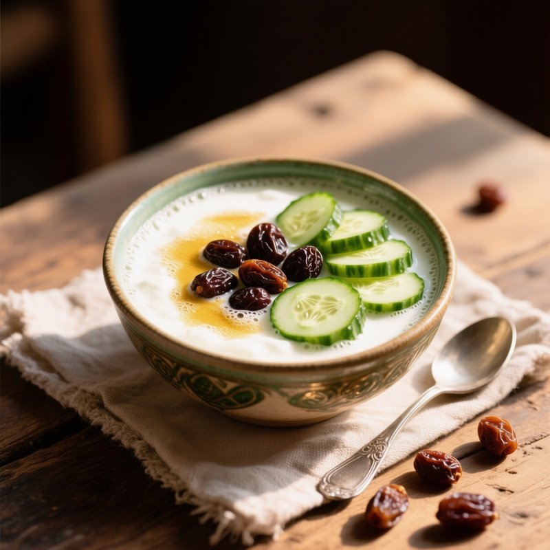 A Bowl Of Dogh E Kishmishi Yogurt Drink With Raisins And Cucumbers