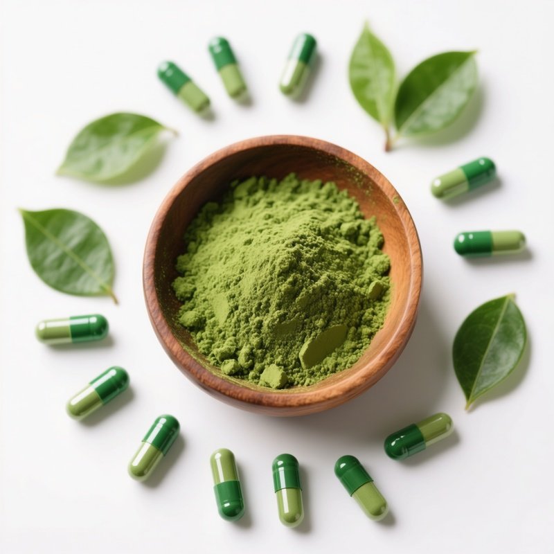 A Bowl Of Green Powder Surrounded By Leaves And Capsules Matcha