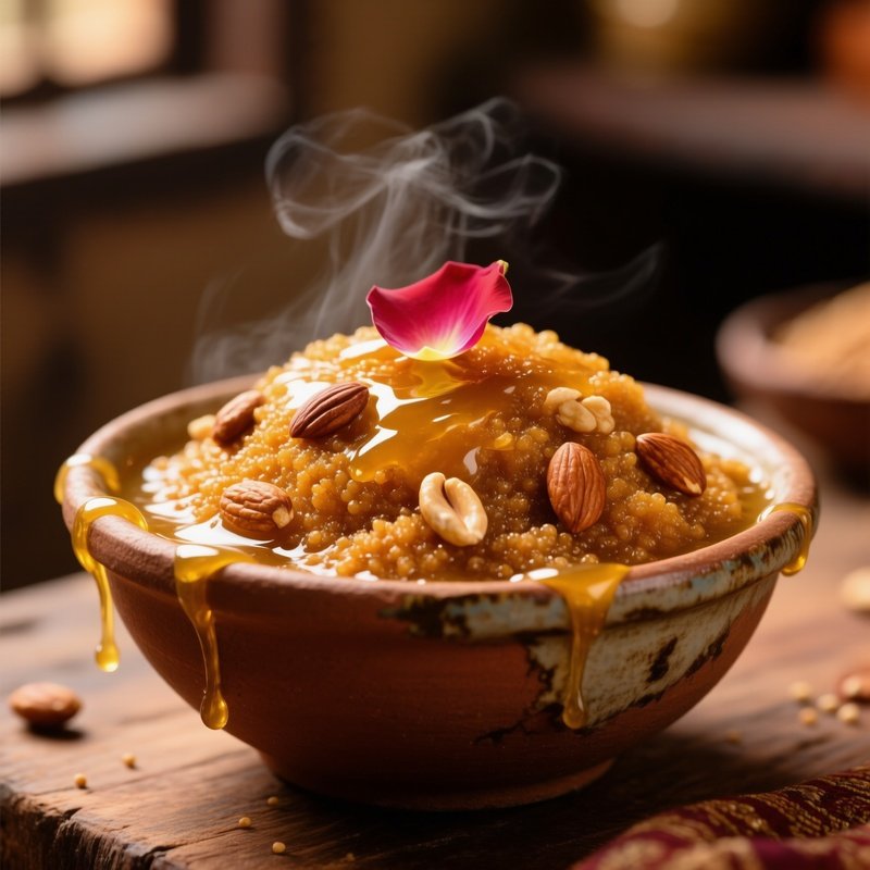 A Bowl Of Halwa E Swainak Sweet Dessert Made From Semolina Glistening With Ghee And Nuts