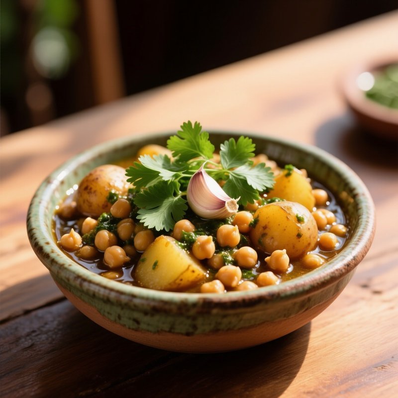 A Bowl Of Shor Nakhod Chickpeas And Potatoes In A Tangy Vinegar And Cilantro Dressing