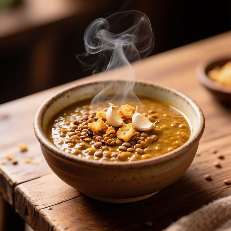 A Bowl Of Thick Lentil Soup Dal Garnished With Fried Garlic