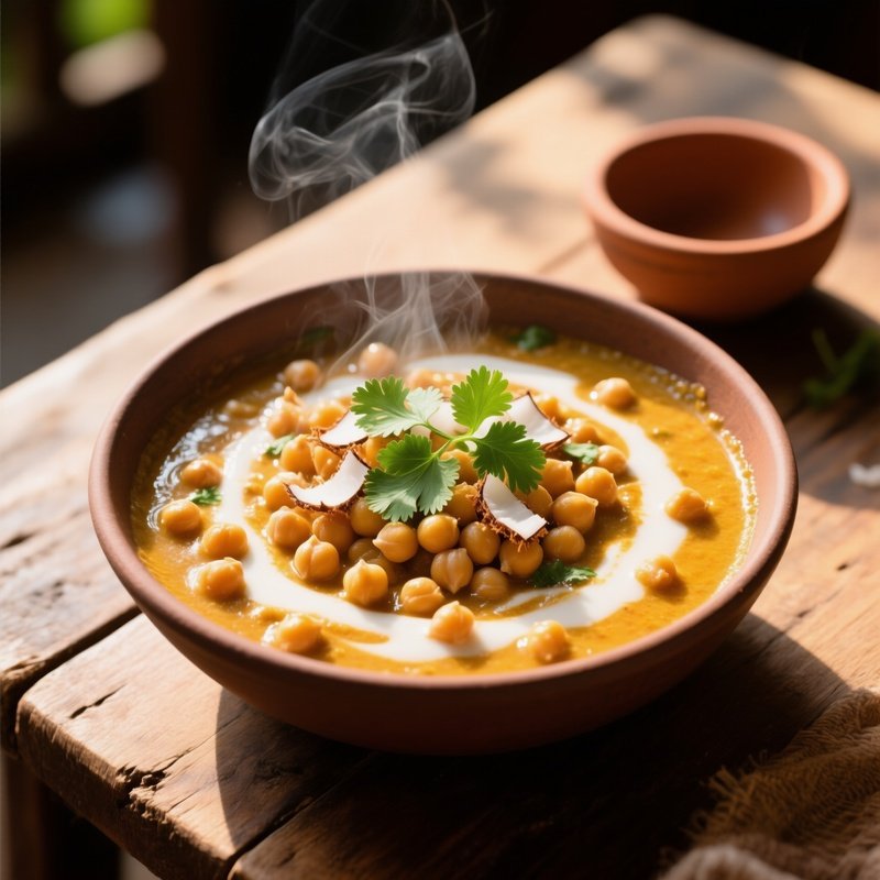 A Bowl Of Tonak Made With Chickpeas And A Roasted Coconut Gravy