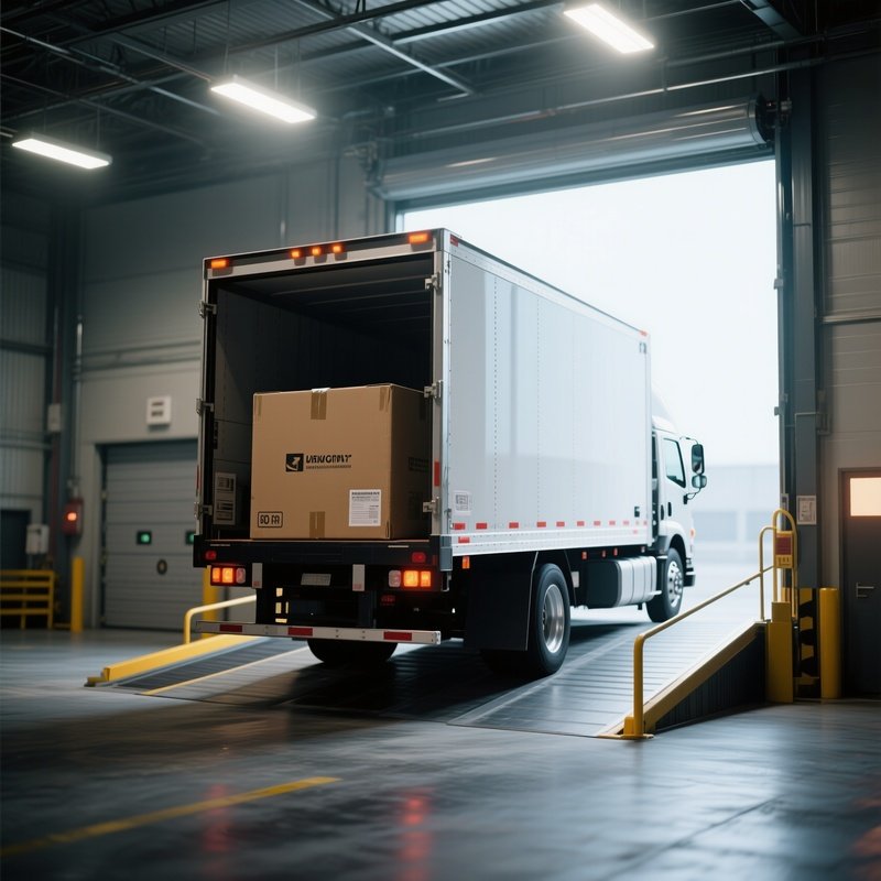 A Box Truck Backing Into A Warehouse Ramp Under Bright Overhead Lights