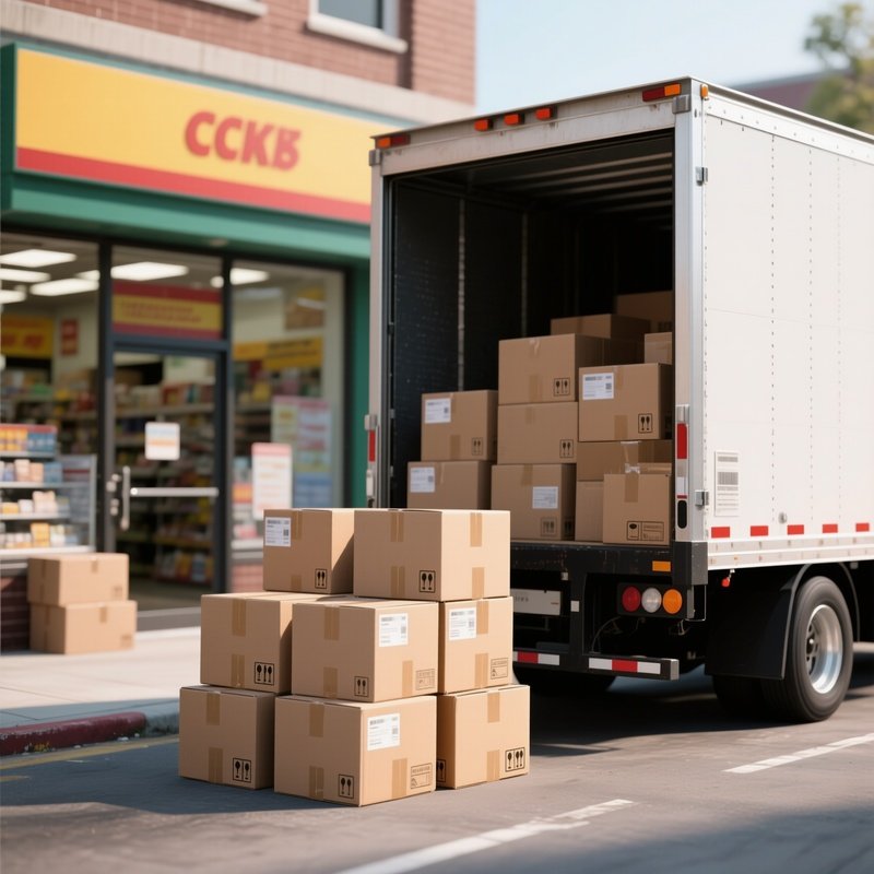 A Box Truck Unloading Cardboard Packages Behind A Shop