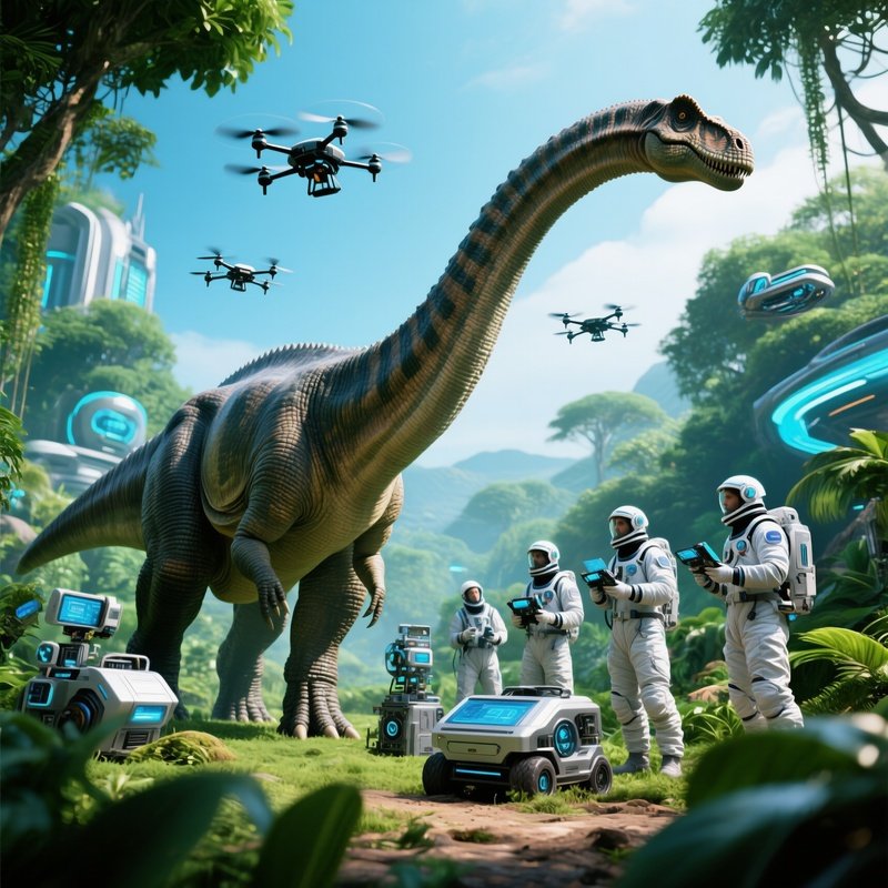 A Brachiosaurus In A Fantasy Scene With Scientific Exploration