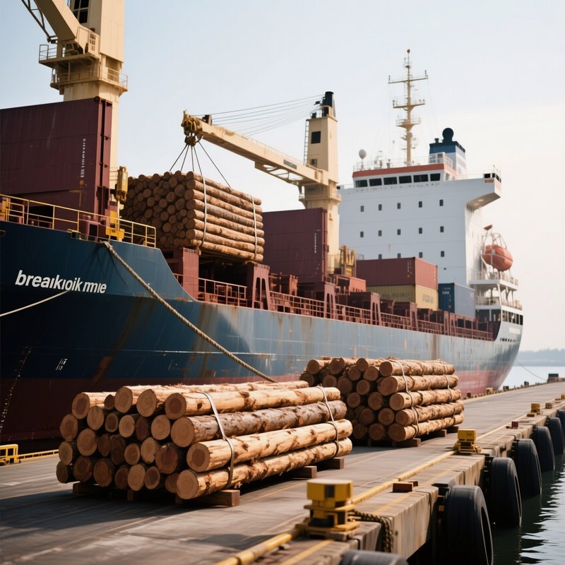 A Breakbulk Cargo Ship Loading Timber Bundles At A Dock