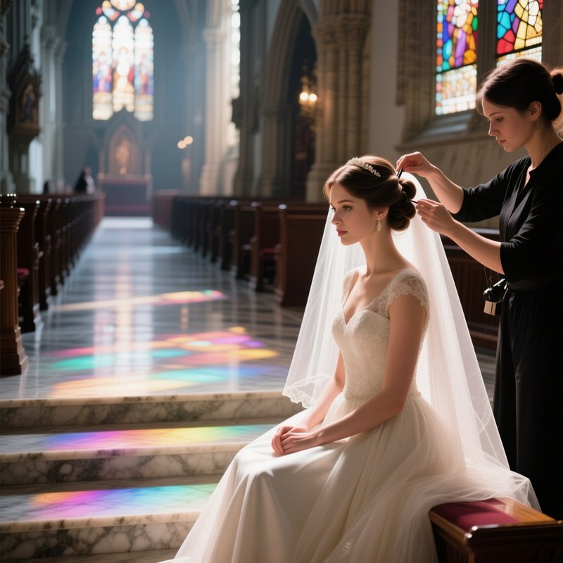 A Bride To‑Be With An Elegant Updo And Veil Sits In A Historic Cathedral Aisle, Stained Glass