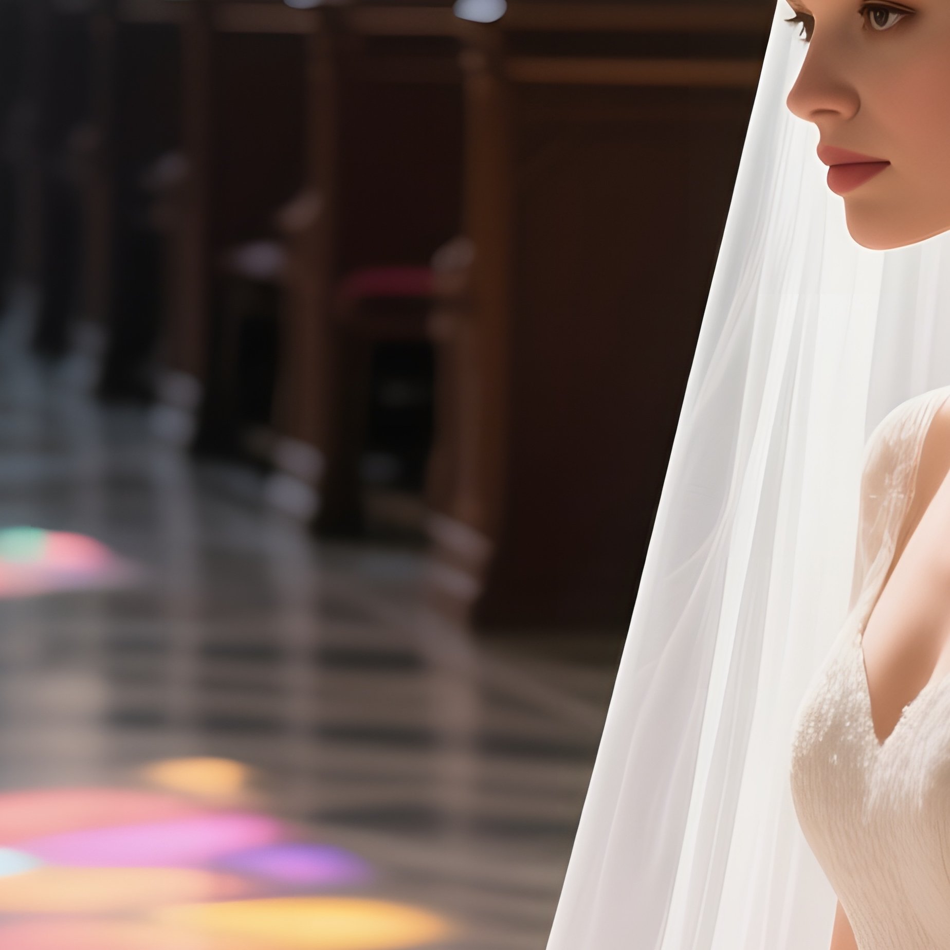 A Bride To‑Be With An Elegant Updo And Veil Sits In A Historic Cathedral Aisle, Stained Glass - Full Resolution Quality Preview