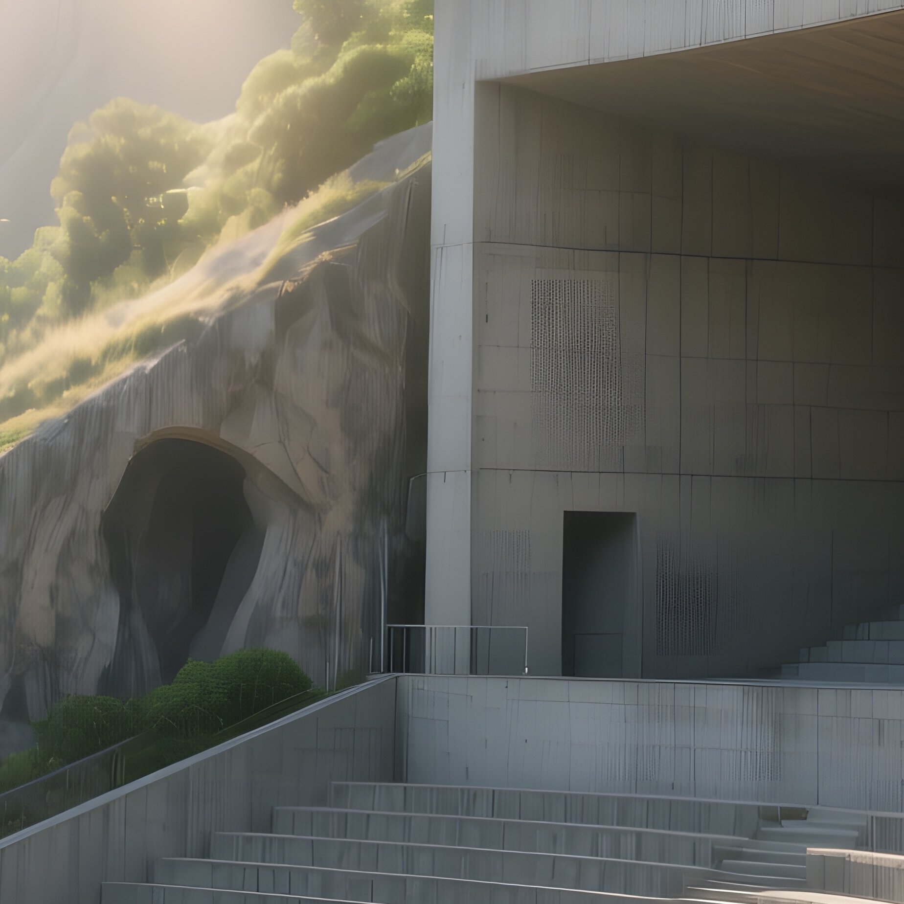 A Bright Afternoon At A Concrete Amphitheater Carved Into A Hillside, Sunlight Spilling Onto Tiered - Full Resolution Quality Preview