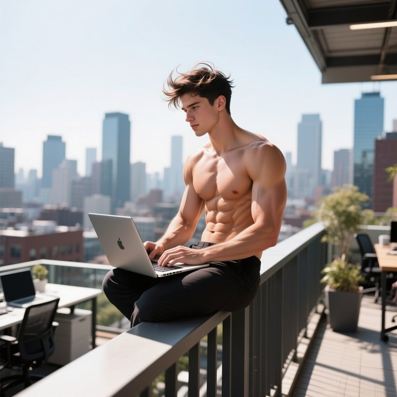 A Bright Daytime Coworking Terrace With Cityscape Backdrop, A Muscular Coder Perched On The Edge Of