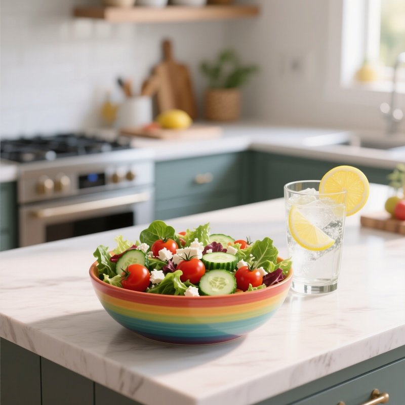 A Bright Kitchen Island At Noon, Featuring A Colorful Bowl Of Mixed Salad Greens, Cherry Tomatoes,