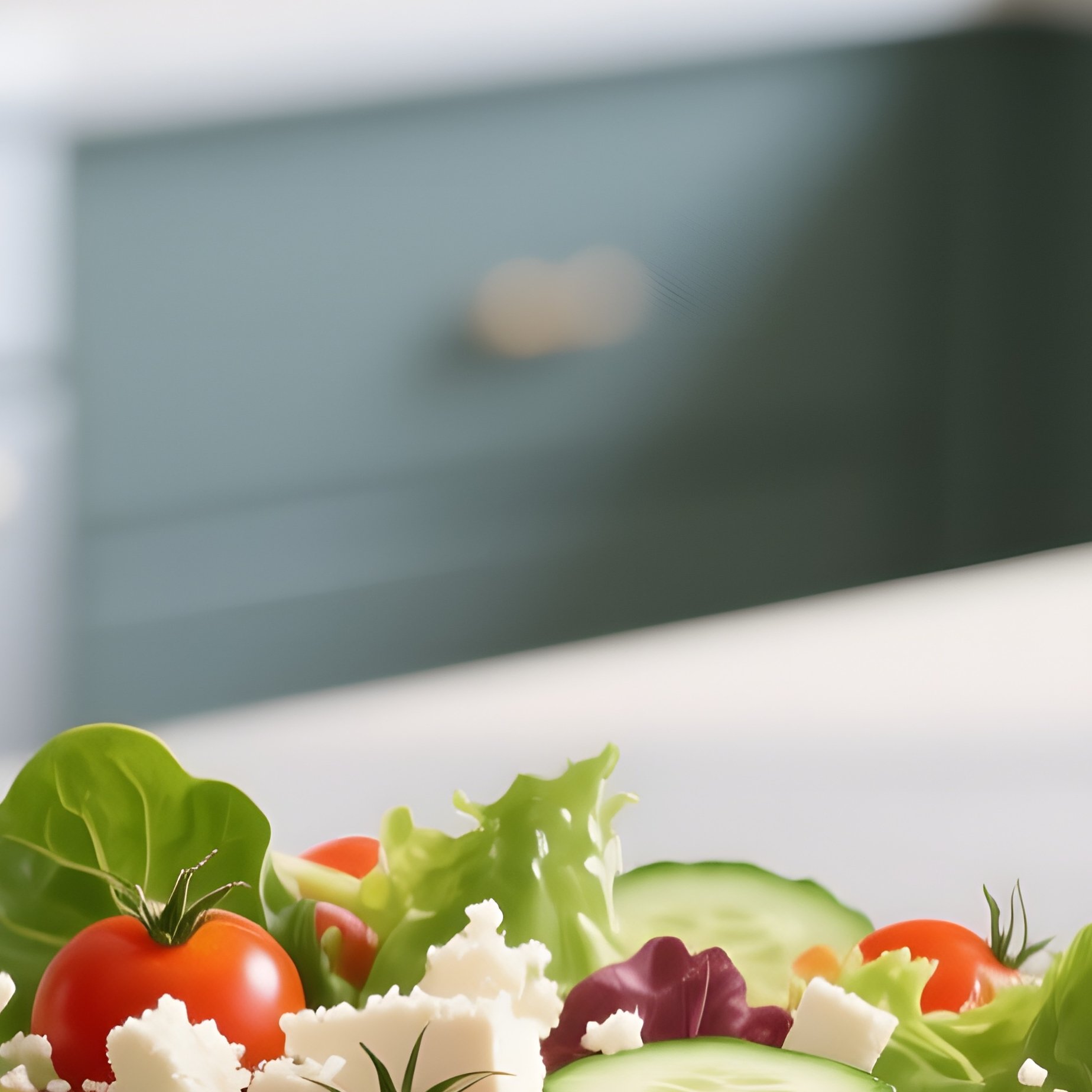 A Bright Kitchen Island At Noon, Featuring A Colorful Bowl Of Mixed Salad Greens, Cherry Tomatoes, - Full Resolution Quality Preview