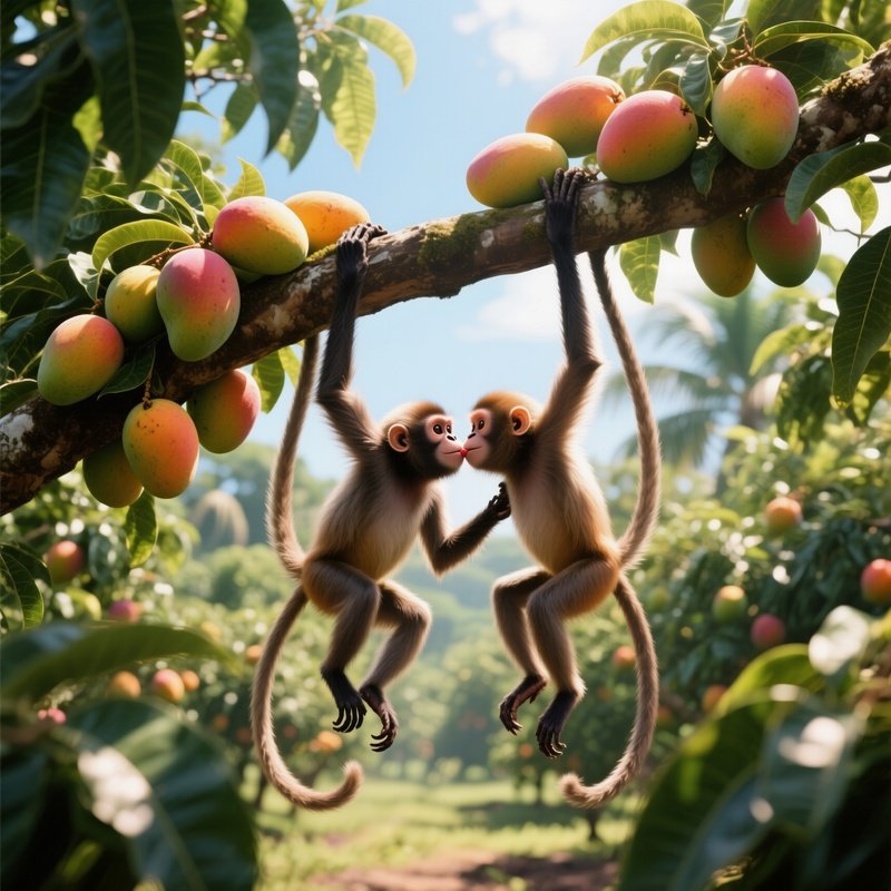 A Bright Midday Scene In A Tropical Fruit Orchard, Two Spider Monkeys Swing From A Heavy Branch