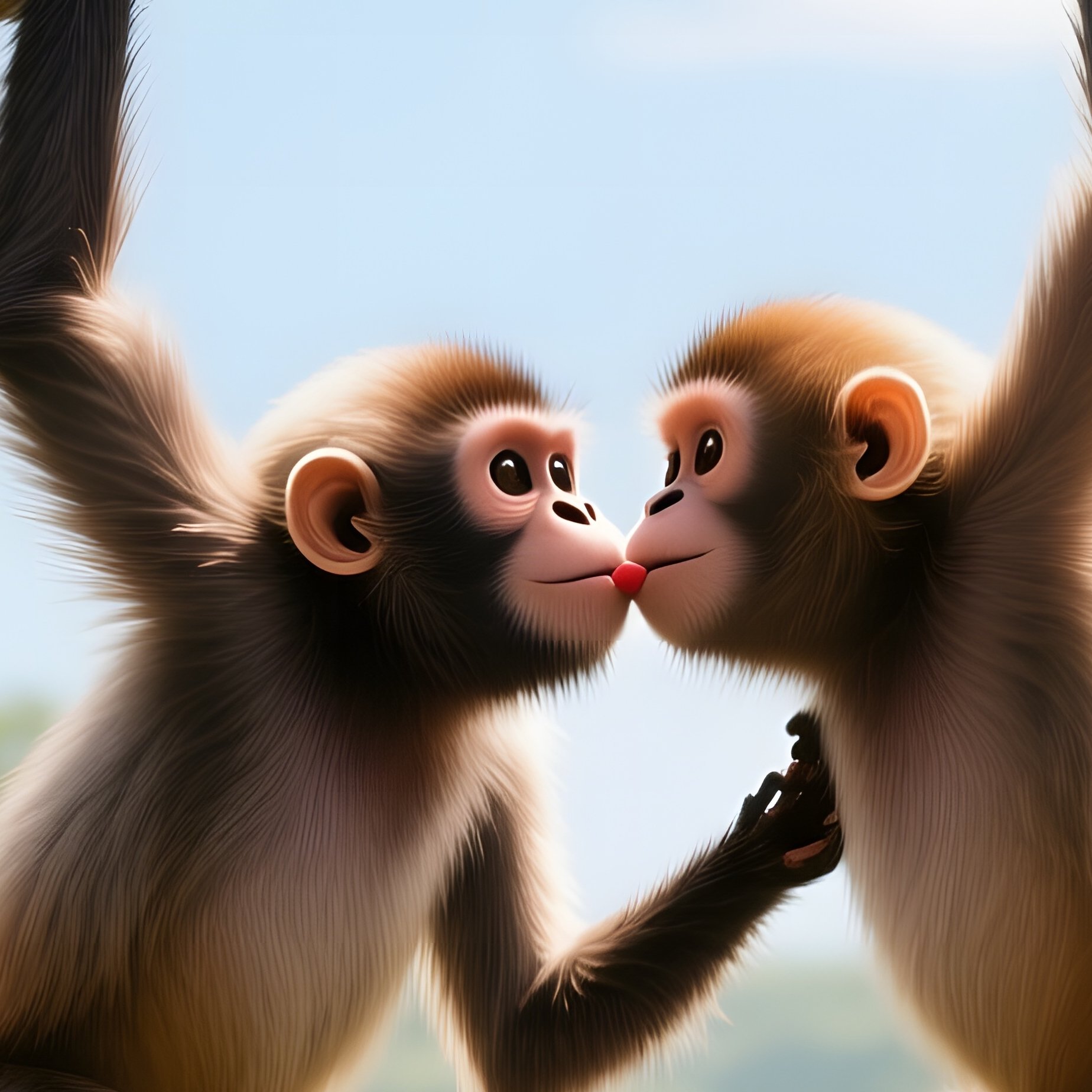 A Bright Midday Scene In A Tropical Fruit Orchard, Two Spider Monkeys Swing From A Heavy Branch - Full Resolution Quality Preview