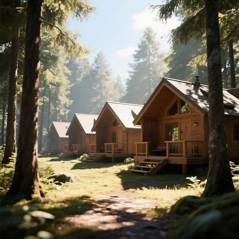 A Bright Midday Scene Of A Series Of Interlocking Wooden Cabins In A Forest, Sunlight Filtering