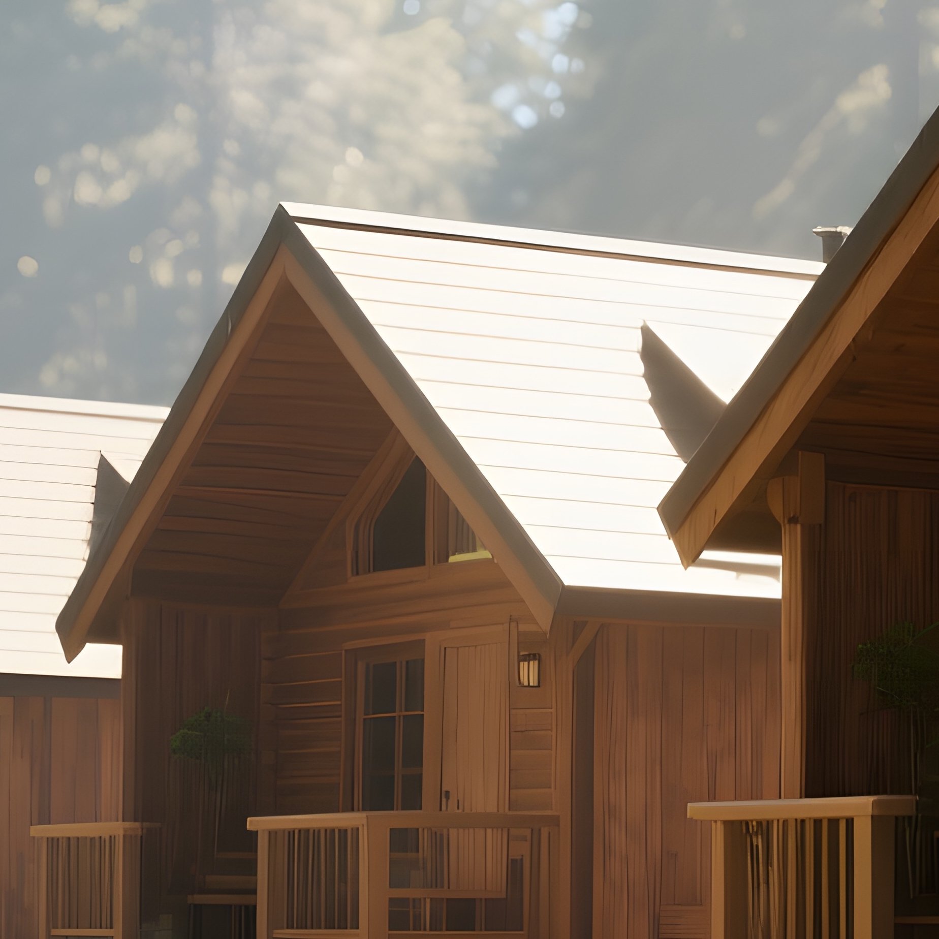 A Bright Midday Scene Of A Series Of Interlocking Wooden Cabins In A Forest, Sunlight Filtering - Full Resolution Quality Preview
