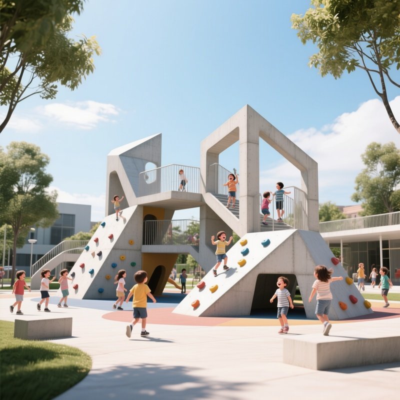 A Bright Midday View Of A Geometric Concrete Playground With Sculptural Climbing Structures,