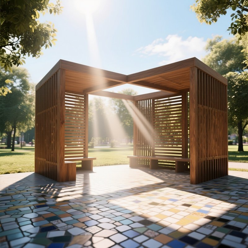 A Bright Midday View Of A Geometric Wooden Pavilion In A Park, Sunbeams Filtering Through Slatted