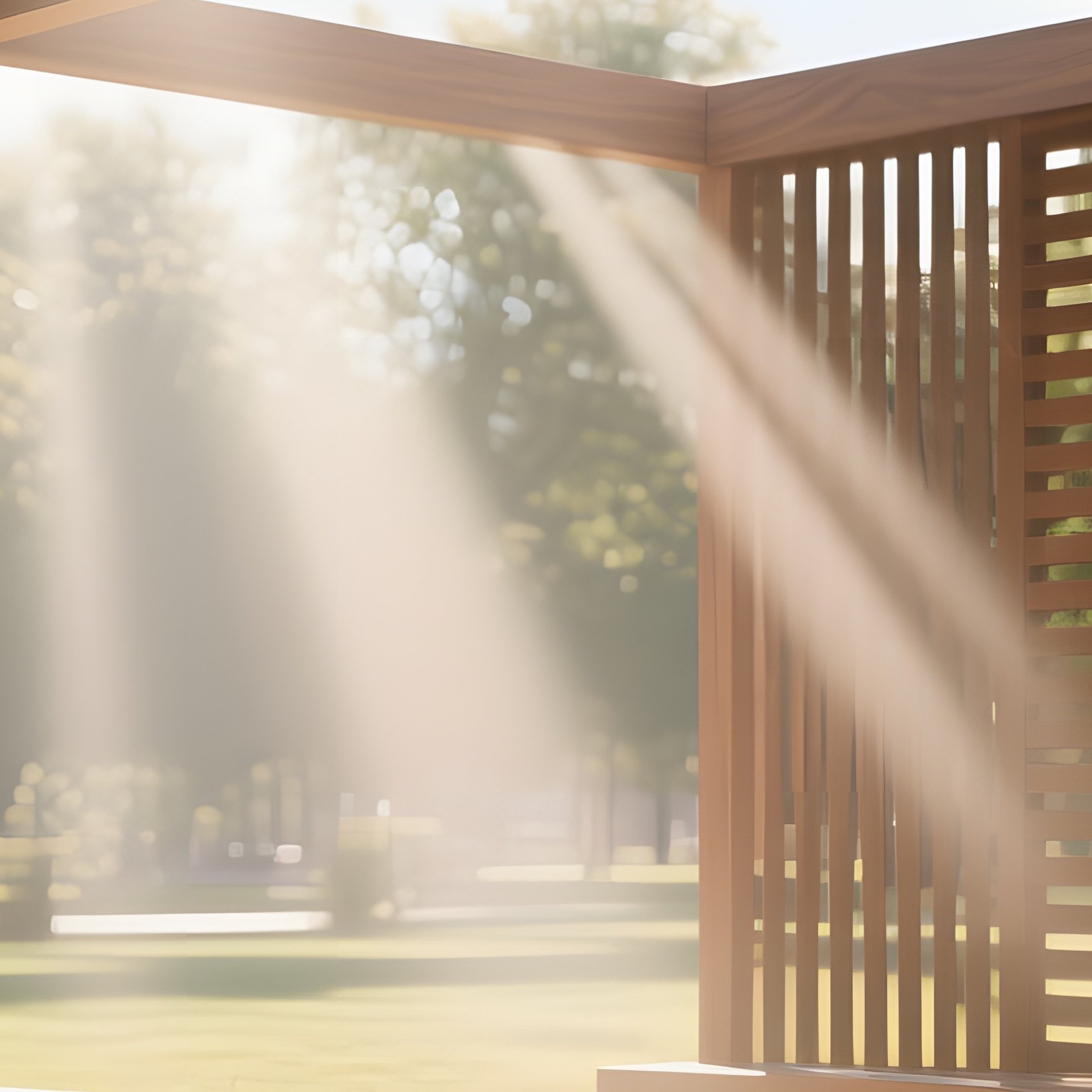 A Bright Midday View Of A Geometric Wooden Pavilion In A Park, Sunbeams Filtering Through Slatted - Full Resolution Quality Preview