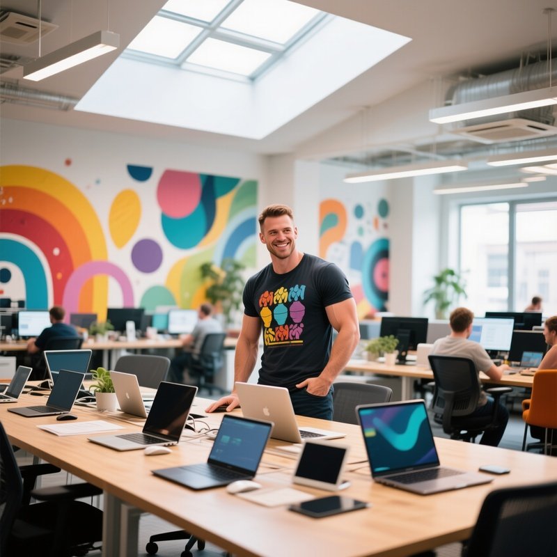 A Bright Modern Coworking Hub With Colorful Murals, A Six‑Pack Man In A Graphic Tee, Multiple