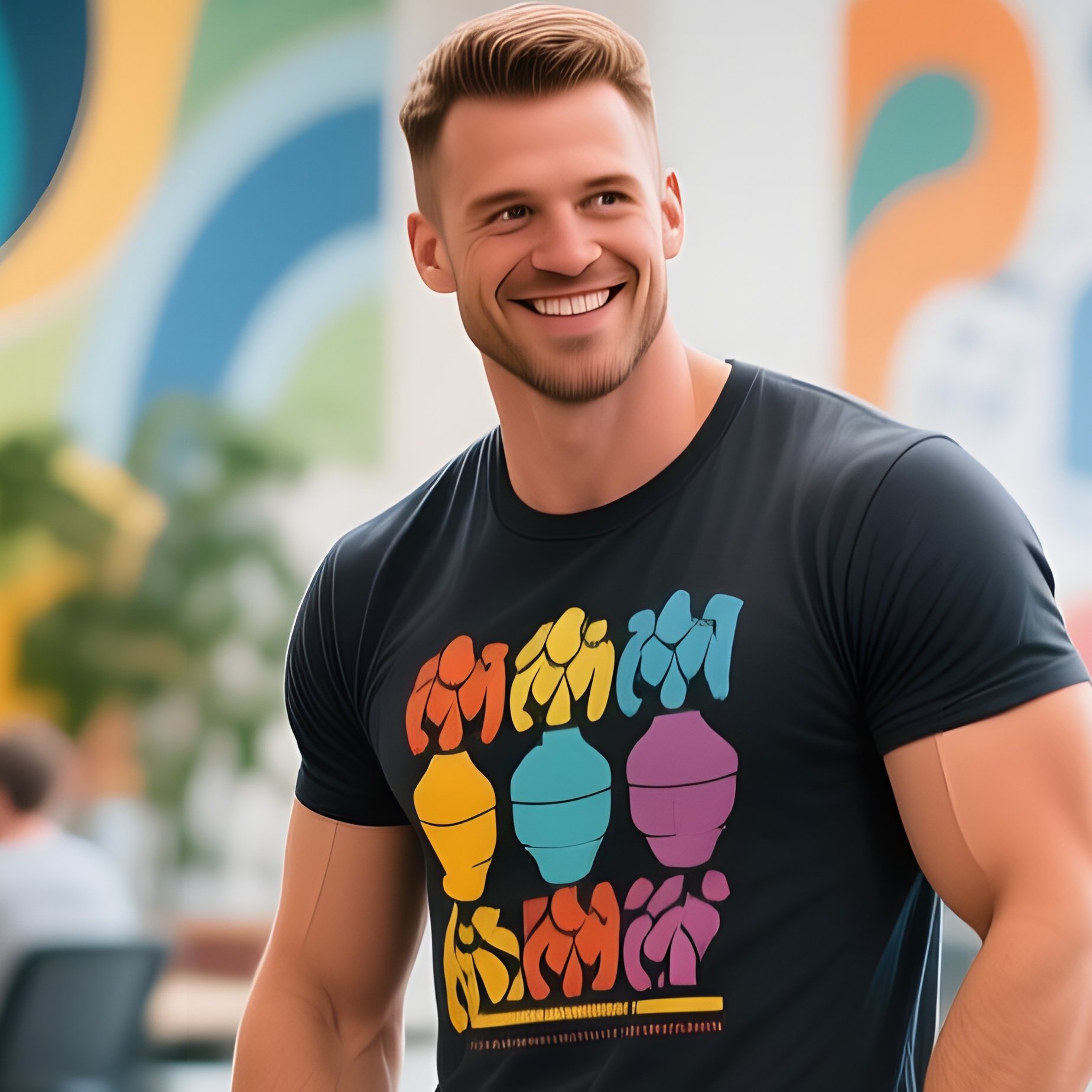 A Bright Modern Coworking Hub With Colorful Murals, A Six‑Pack Man In A Graphic Tee, Multiple - Full Resolution Quality Preview