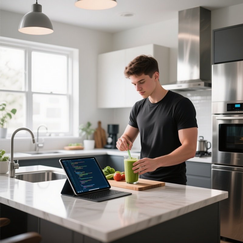 A Bright Modern Kitchen Turned Workspace, Stainless Steel Appliances, A Fit Tech Enthusiast