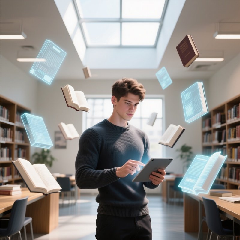 A Bright Modern Library Turned Study Space, A Six‑Pack Student In A Fitted Sweater, Surrounded By