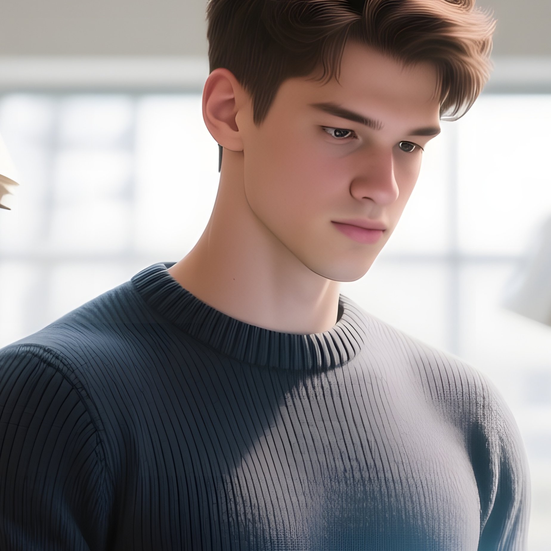 A Bright Modern Library Turned Study Space, A Six‑Pack Student In A Fitted Sweater, Surrounded By - Full Resolution Quality Preview