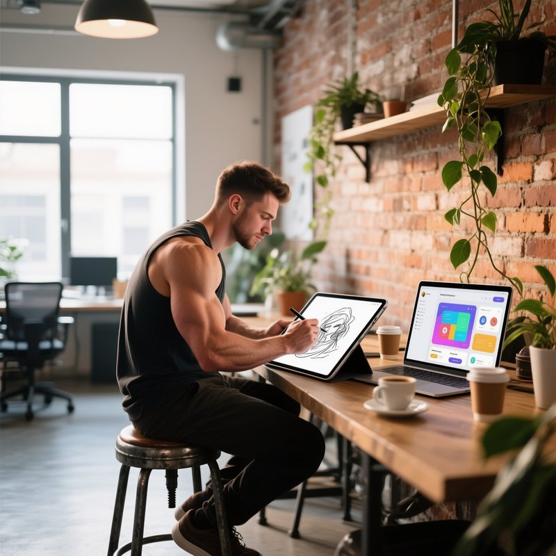 A Bright Morning Coworking Hub With Exposed Brick Walls, A Muscular Freelance Designer Sitting On