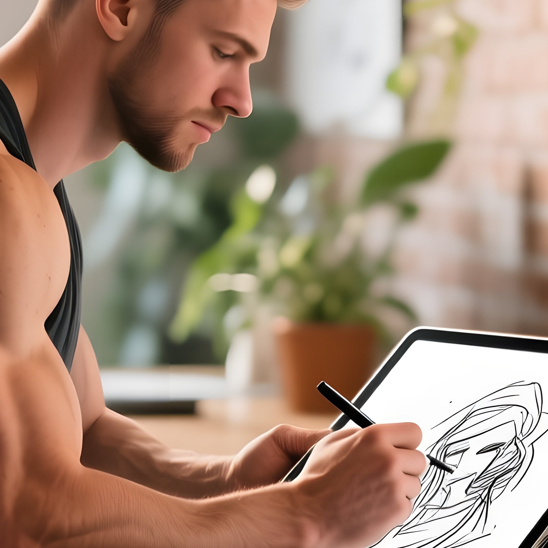 A Bright Morning Coworking Hub With Exposed Brick Walls, A Muscular Freelance Designer Sitting On - Full Resolution Quality Preview