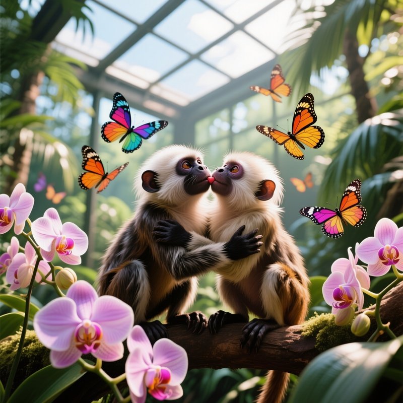A Bright Noon In A Tropical Butterfly Sanctuary, Two Cotton‑Top Tamarins Cuddle Among Blooming