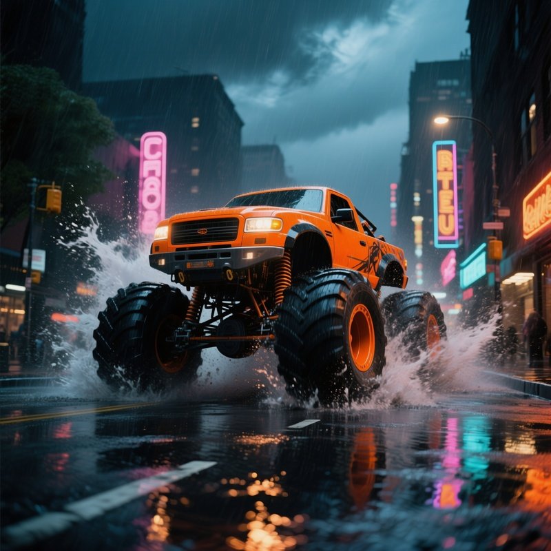 A Bright Orange Monster Truck Bursts Through A City Street During A Rainstorm, Water Spraying From